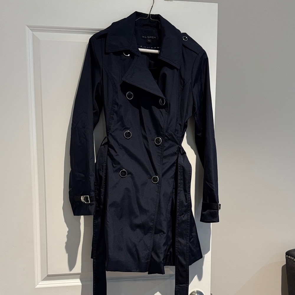 Via Spiga Navy Double-Breasted Belted Trench Coat Size Small